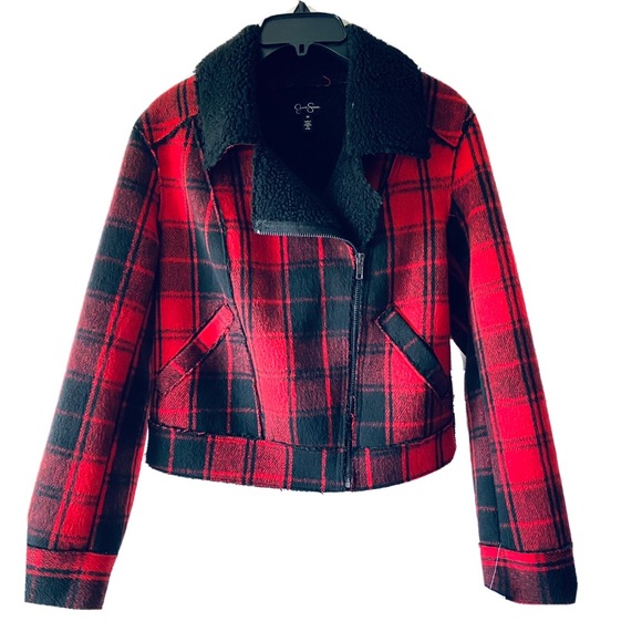 Jessica Simpson Red Plaid Shearling Collared Coat
Size Medium NWT